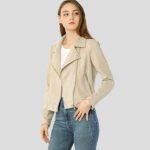Women's Beige Zip Up Suede Leather Biker Moto Jacket - Image 2