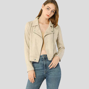 Women's Beige Zip Up Suede Leather Biker Moto Jacket