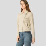 Women's Beige Zip Up Suede Leather Biker Moto Jacket - Image 4