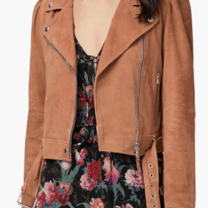 Women's Tan Brown Belted Suede Leather Biker Jacket