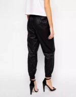 Women's Black Lambskin Leather Joggers with Lace-Up Detail - Image 2