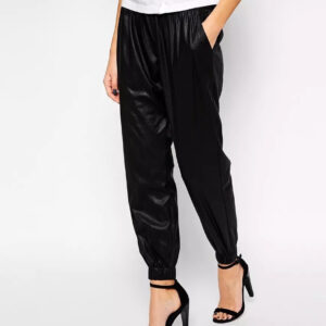 Women's Black Lambskin Leather Joggers with Lace-Up Detail