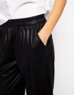 Women's Black Lambskin Leather Joggers with Lace-Up Detail - Image 4