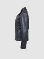 Women's Black Leather Biker Jacket with Zipper and Lapel Collar - Image 3