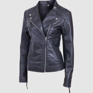 Women's Black Leather Biker Jacket with Zipper and Lapel Collar