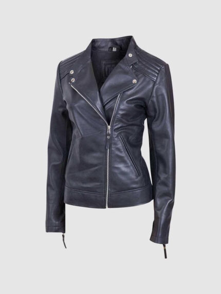 Women's Black Leather Biker Jacket with Zipper and Lapel Collar