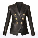 Women’s Black Sheepskin Leather Blazer with Gold Buttons - Image 5