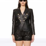 Women’s Black Sheepskin Leather Blazer with Gold Buttons