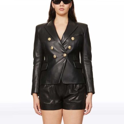 Women’s Black Sheepskin Leather Blazer with Gold Buttons