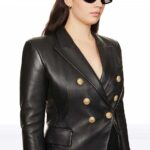 Women’s Black Sheepskin Leather Blazer with Gold Buttons - Image 3