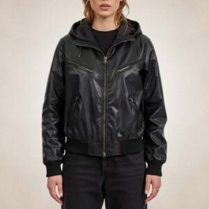 Women's Black Leather Bomber Jacket with Hood Streetwear Style