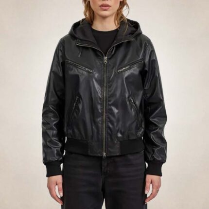 Women's Black Leather Bomber Jacket with Hood Streetwear Style