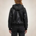 Women's Black Leather Bomber Jacket with Hood Streetwear Style - Image 2