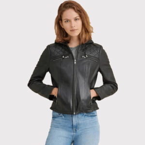 Women's Black Leather Hooded Biker Jacket