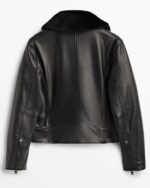 Women's Black Leather Jacket with Fur Collar - Image 2