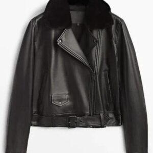 Women's Black Leather Jacket with Fur Collar