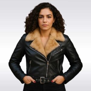 Women?s Black Leather Jacket with Fur Collar