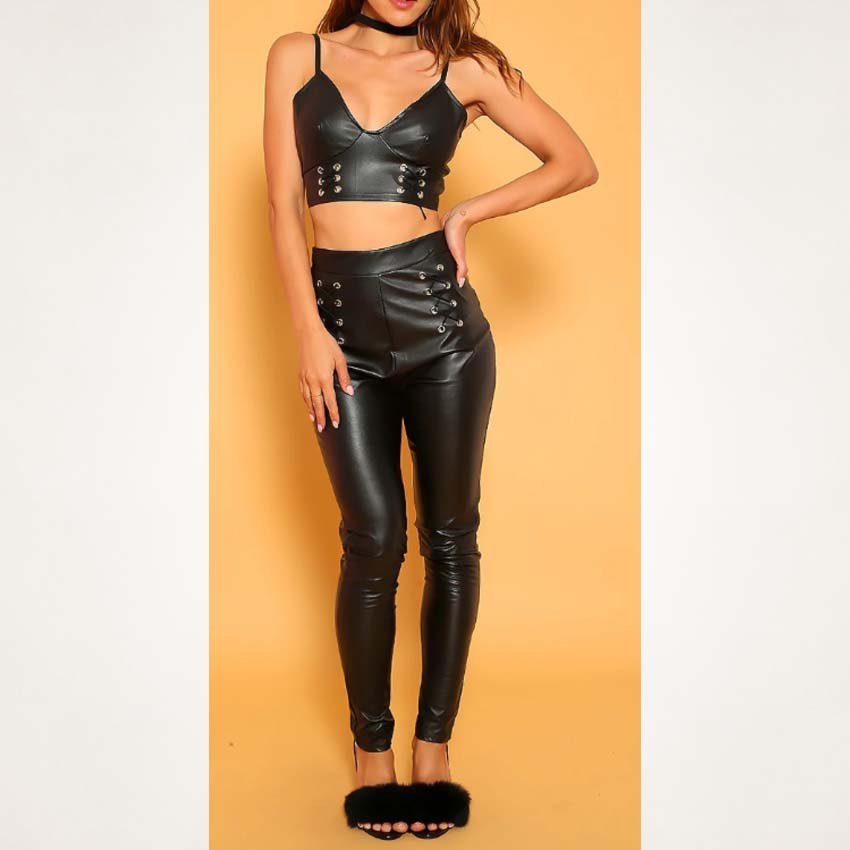 womens-black-leather-lace-up-two-piece-dress-set Women's Black Leather Lace-Up Two-Piece Dress Set - Image 1