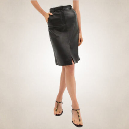 Women's Black Leather Midi Skirt – Elegant Style