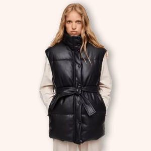 Women?s Black Leather Puffer Vest