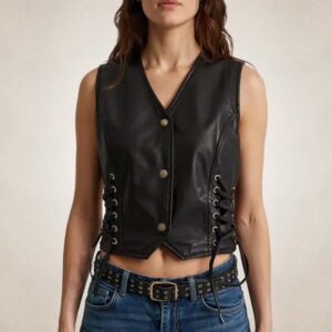Women?s Fitted Black Leather Vest with Side Laces
