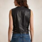 Women’s Fitted Black Leather Vest with Side Laces - Image 2