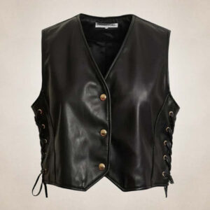 Women?s Classic Black Leather Vest with Side Lacing - Western Style