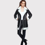 Women's Black Leather Long Coat with White Shearling