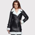 Women's Black Leather Long Coat with White Shearling - Image 2
