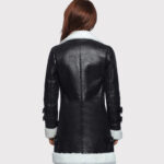 Women's Black Leather Long Coat with White Shearling - Image 3