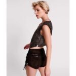 Women's Black Low-Waist Fringed Suede Leather Shorts - Image 4