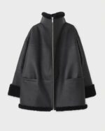 Women's Black Oversized Shearling Leather Jacket - Image 2