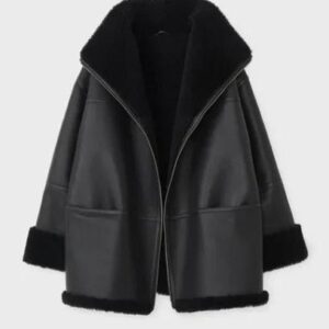 Women's Black Oversized Shearling Leather Jacket