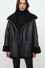 Women's Black Oversized Shearling Leather Jacket - Image 3