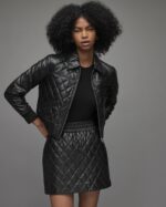 Women's Black Quilted Leather Bomber Jacket