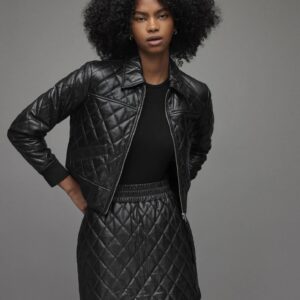 Women's Black Quilted Leather Bomber Jacket