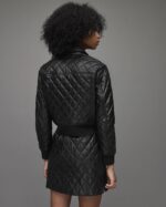 Women's Black Quilted Leather Bomber Jacket - Image 2