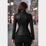 Women's Black Sheepskin Leather Moto Biker Jacket Slim Fit with Lace Up Waist - Image 2