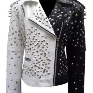 Women's Black and Silver Spiked Studded Biker Leather Jacket