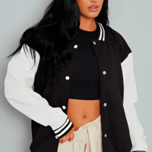 Women's Black Varsity Leather Bomber Jacket