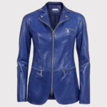 Women's Blue Leather Blazer Jacket - Image 3