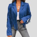 Women's Blue Suede Tassel Lapel Cropped Motorcycle Jacket - Image 2