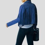 Women's Blue Suede Tassel Lapel Cropped Motorcycle Jacket - Image 3
