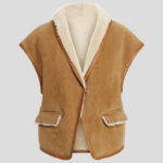 Women's Brown B3 Bomber Vintage Suede Sheepskin Shearling Aviator Vest - Image 2