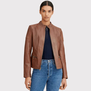 Women's Brown Leather Biker Jacket with Crew Neck