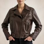 Women's Brown Leather Moto Biker Jacket Stylish Outerwear