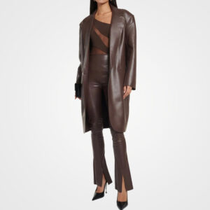 Women's Single-Breasted Brown Leather Overcoat