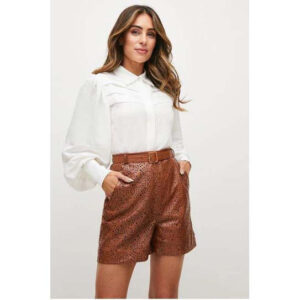 Women's Brown Patterned High-Waist Leather Shorts