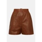 Women's Brown Patterned High-Waist Leather Shorts - Image 3