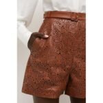 Women's Brown Patterned High-Waist Leather Shorts - Image 2